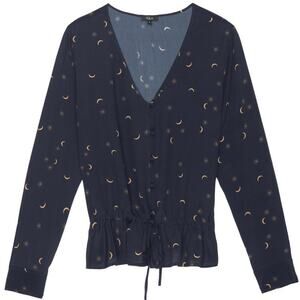 NWT Rails Beaux Ruffle Waist Navy Crescent Moon Silk Blouse -XS
